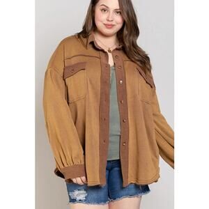 POL Camel Brown Button Front Fall Western Knit Shacket Jacket Plus 2XL Casual